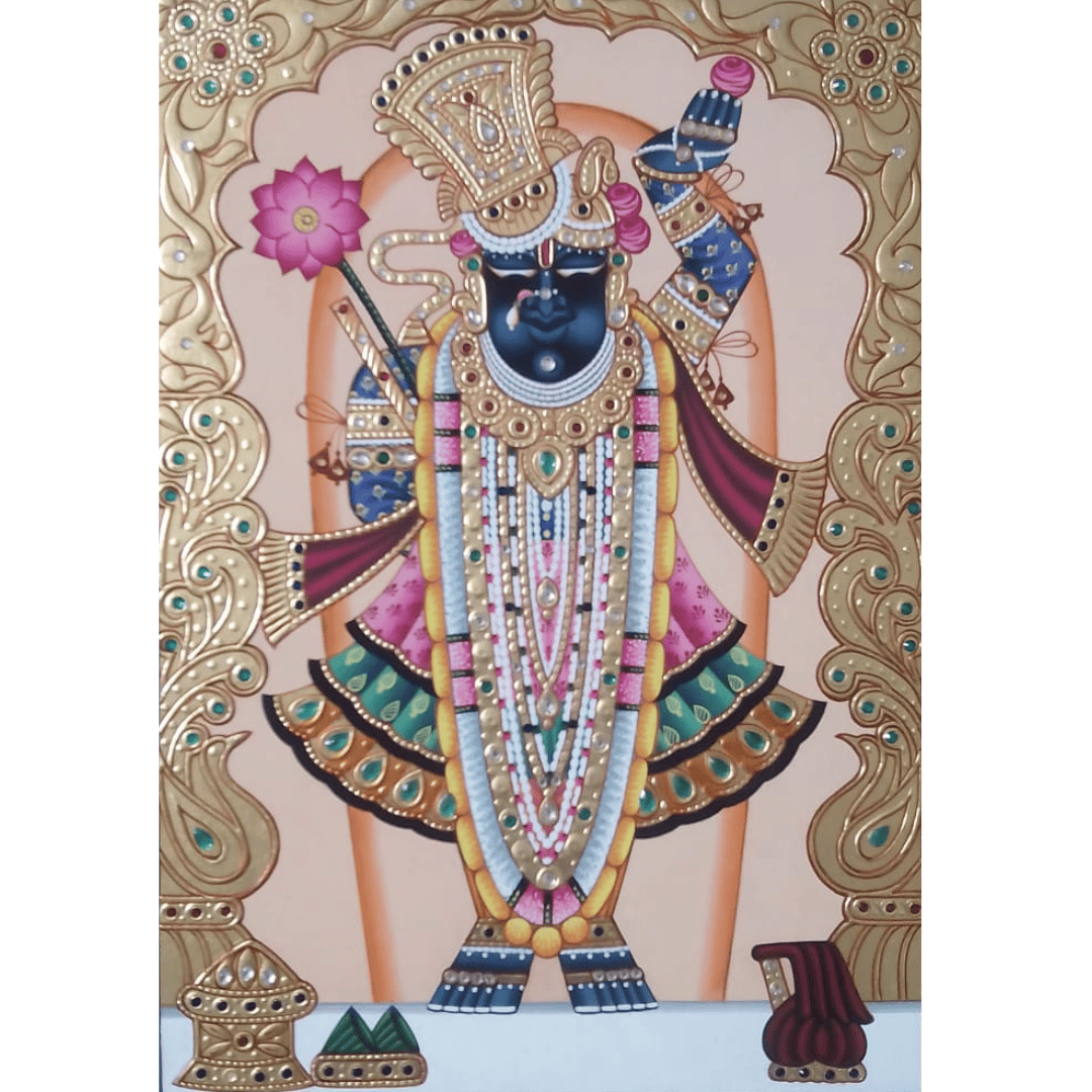 Gold Leaf Shrinathji Painting with Grand Crown – 22k Handmade Paper Artwork